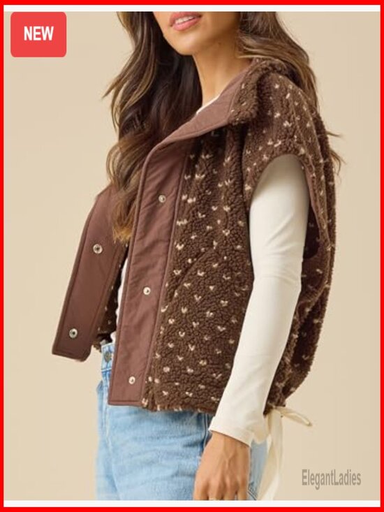 Women's Sherpa Vest Quilted Sleeveless Button Down Fleece Jacket - Picture 3 of 5